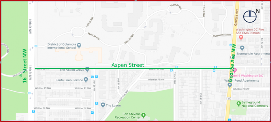 Map of Aspen St NW from 16th St NW to Georgia Ave NW