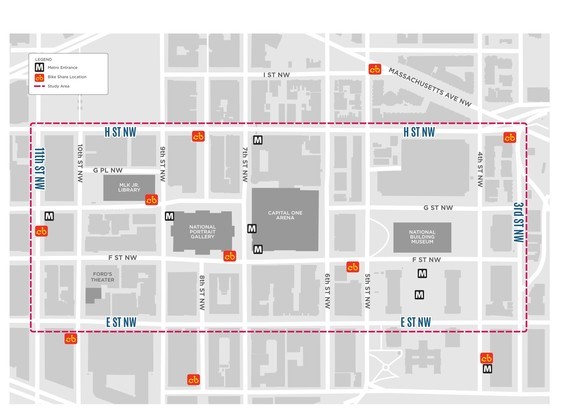 Penn Quarter/Chinatown pricing adjustments will occur within the red boundary, between H St NW, 3rd St NW, E St NW, and 11th St NW.