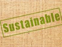 Sustainability Plan - burlap sack with the word 'sustainable' printed on it, in green